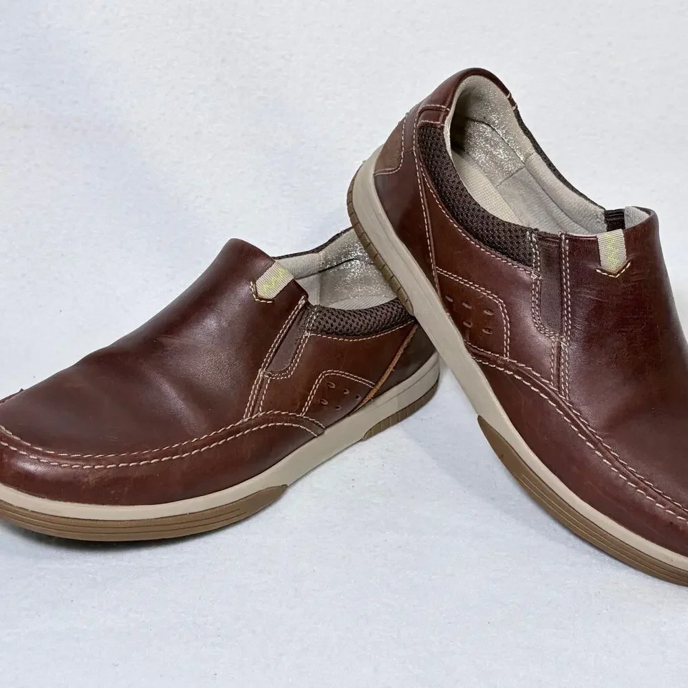 Clarks Slip On Sneakers Mens 10 Wide Brown Leather Loafers Dress Shoes Comfort